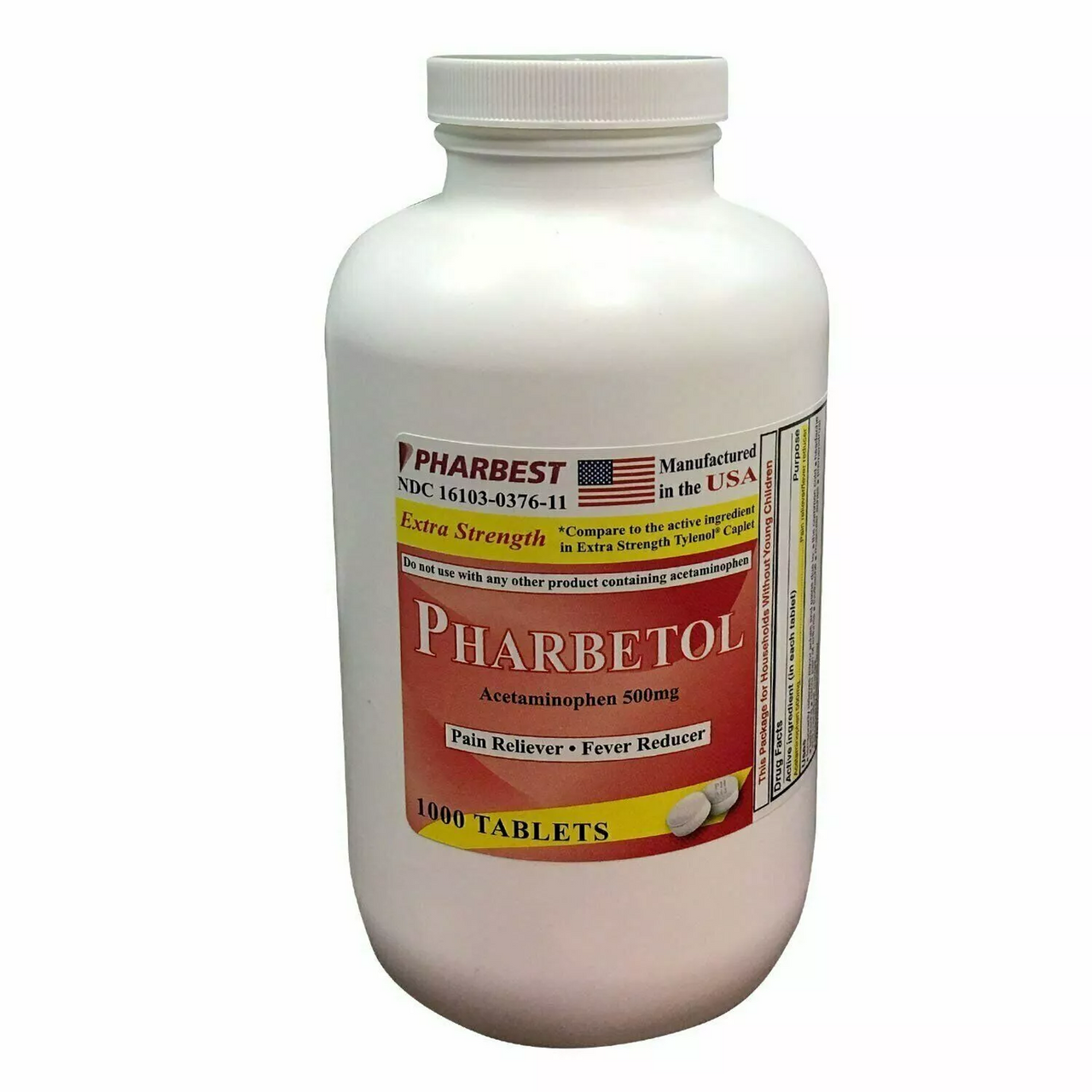 Pharbetol Acetaminophen 500 mg Extra Strength Tablets, 1000 Ea